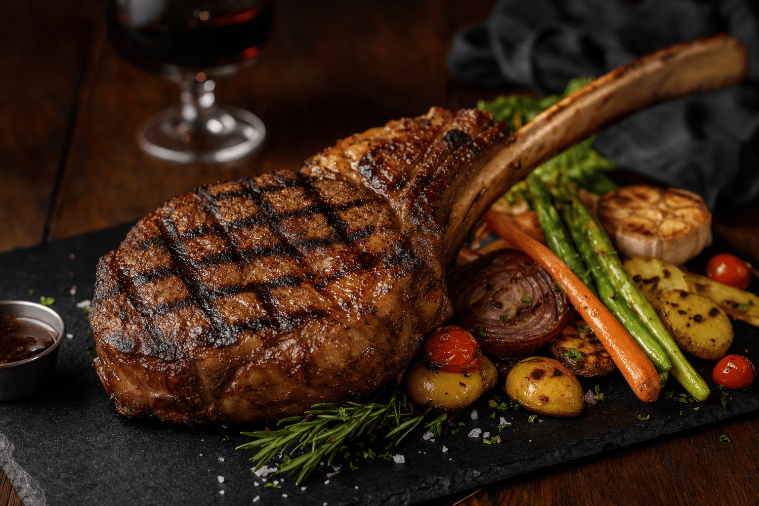 Tomahawk steak char-grilled with roasted vegetables