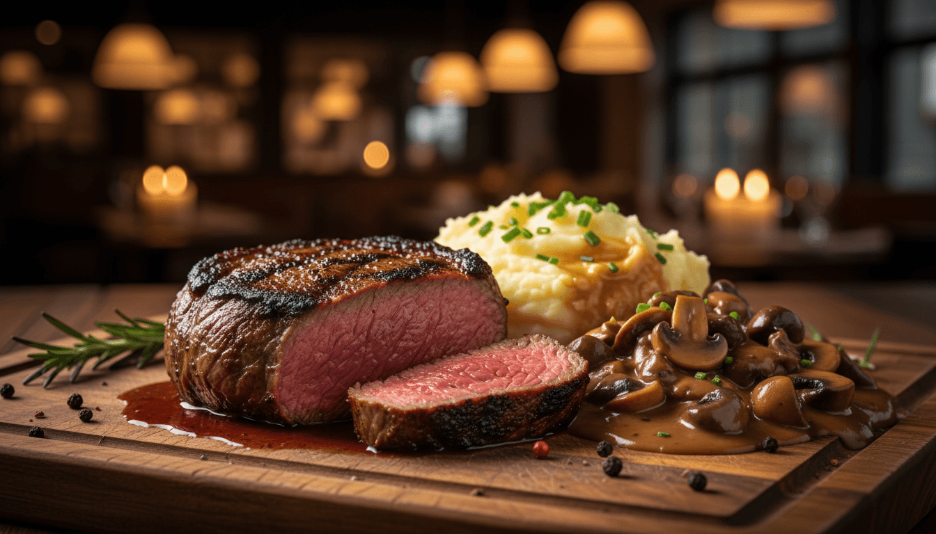 Marbled beef beefsteak with mashed potatoes and mushroom sauce
