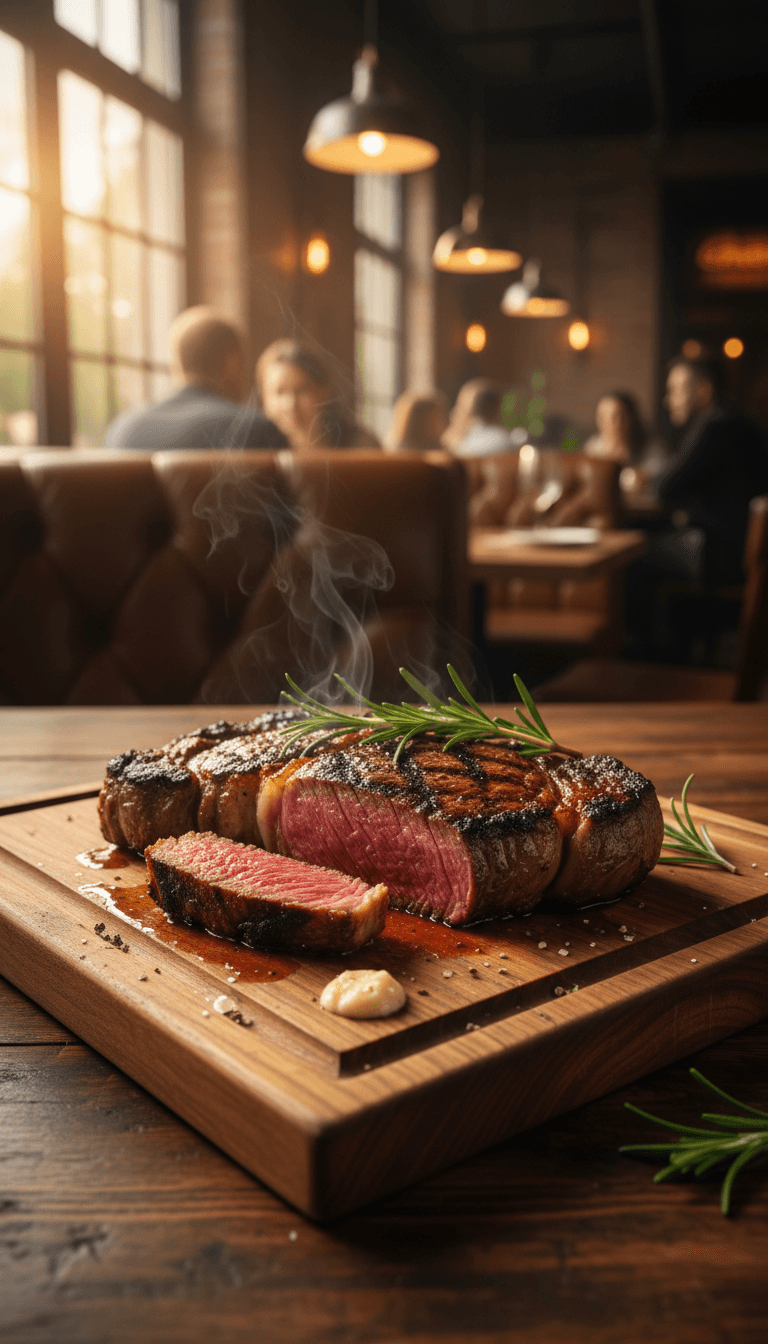 Prime marbled steak sliced on a wooden board, grilled to order