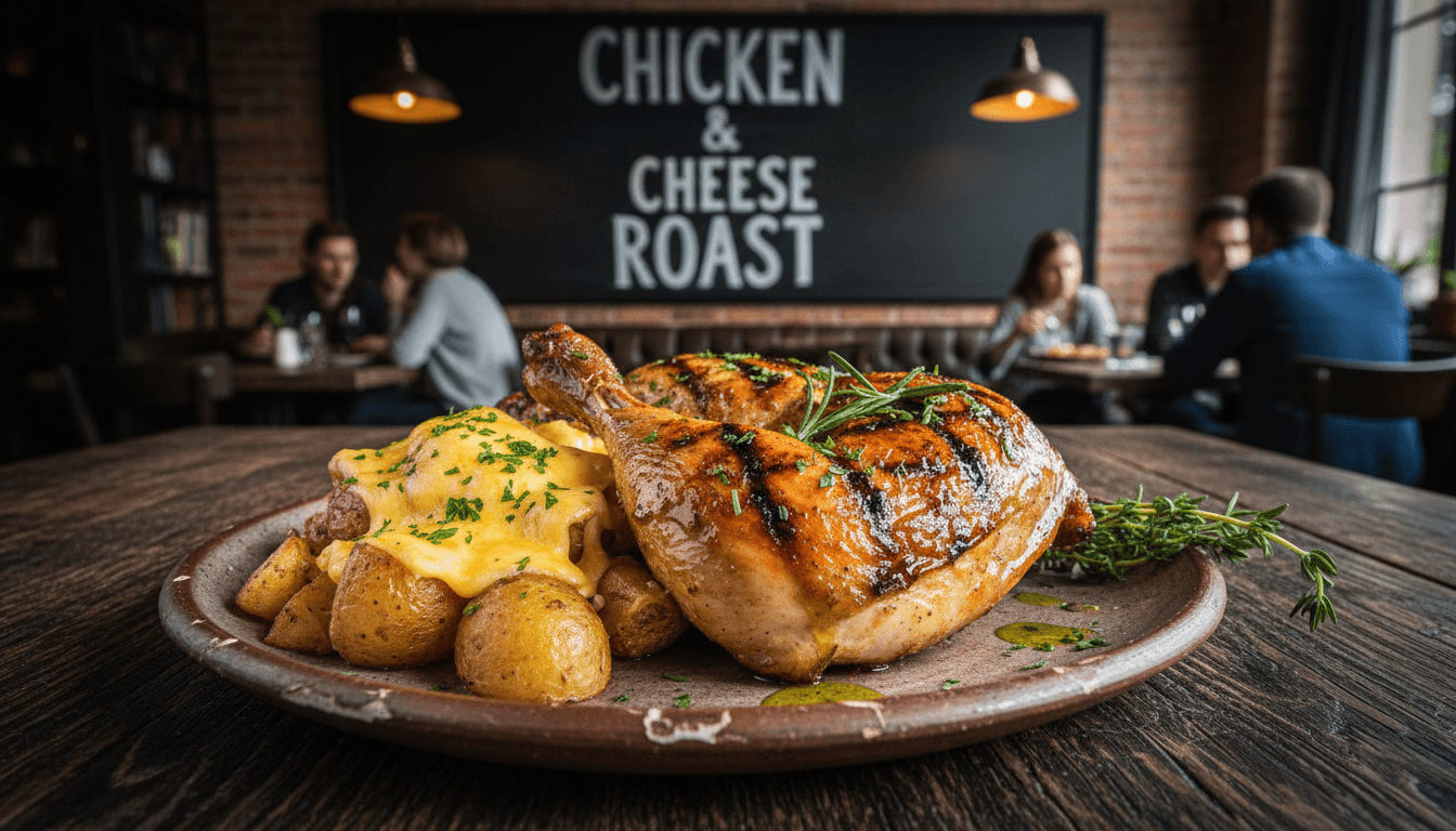 Grilled half chicken with cheesy potatoes and Provencal sauce