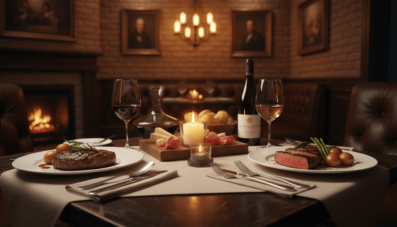 Cozy reserved table for two at a steakhouse with warm lighting