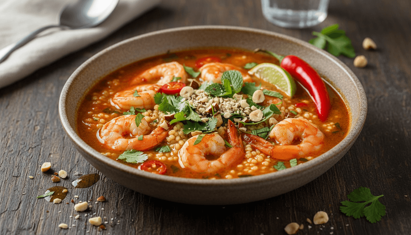 Tiger shrimp tom yam with couscous and hazelnuts