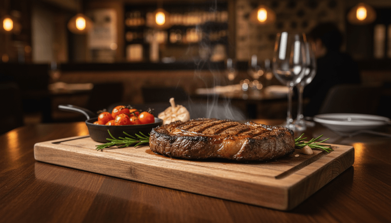 Juicy grilled prime steak on a wooden board in warm restaurant lighting