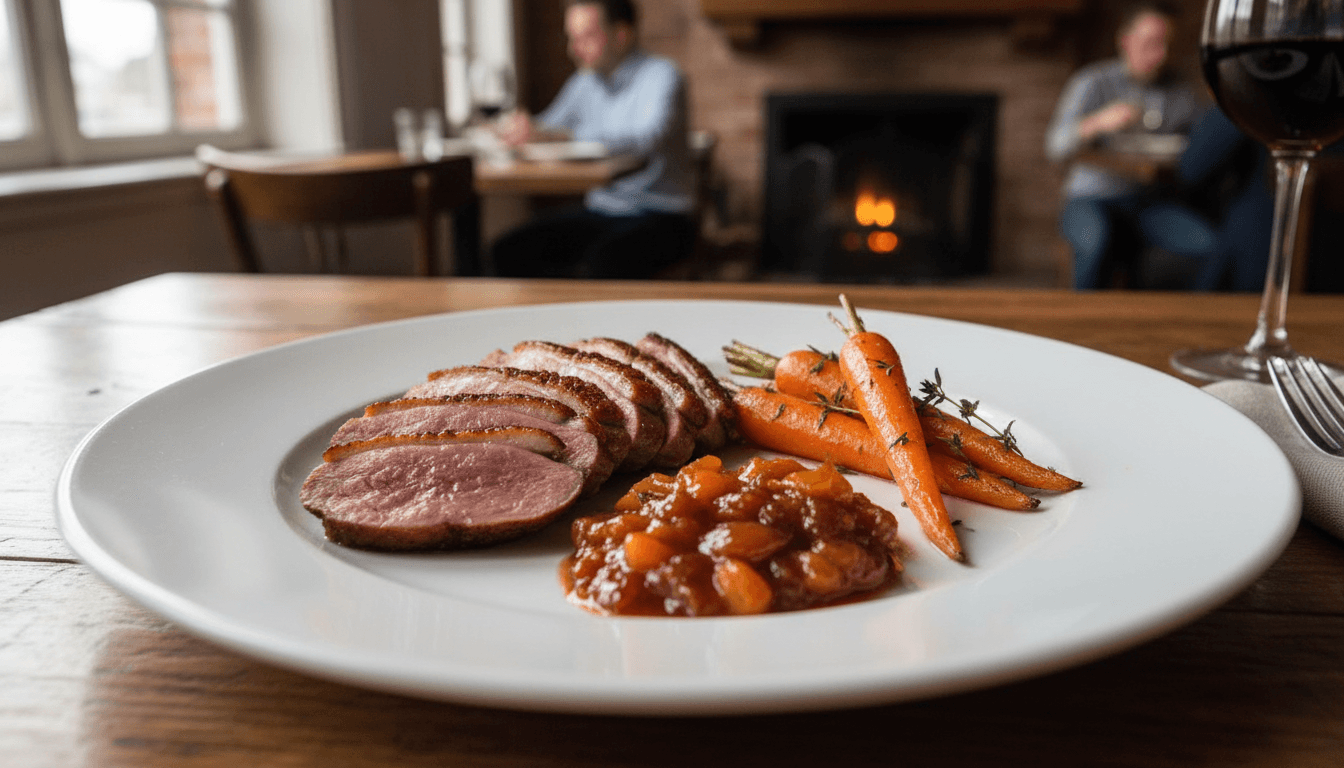 Duck breast with date chutney, baked carrots, and Cumberland sauce
