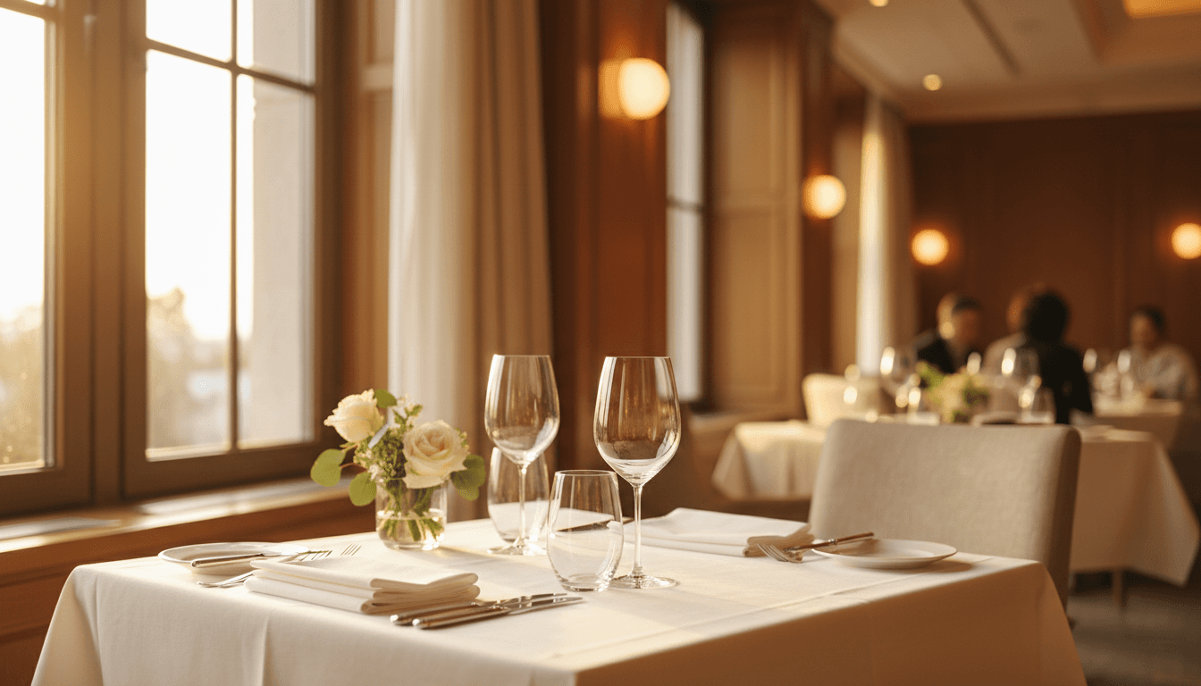 Cozy table setting at GUSTAV restaurant with warm ambient lighting