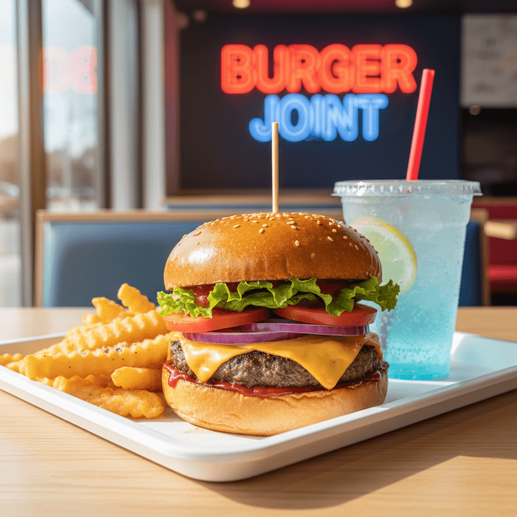 Burger and fries in takeout box