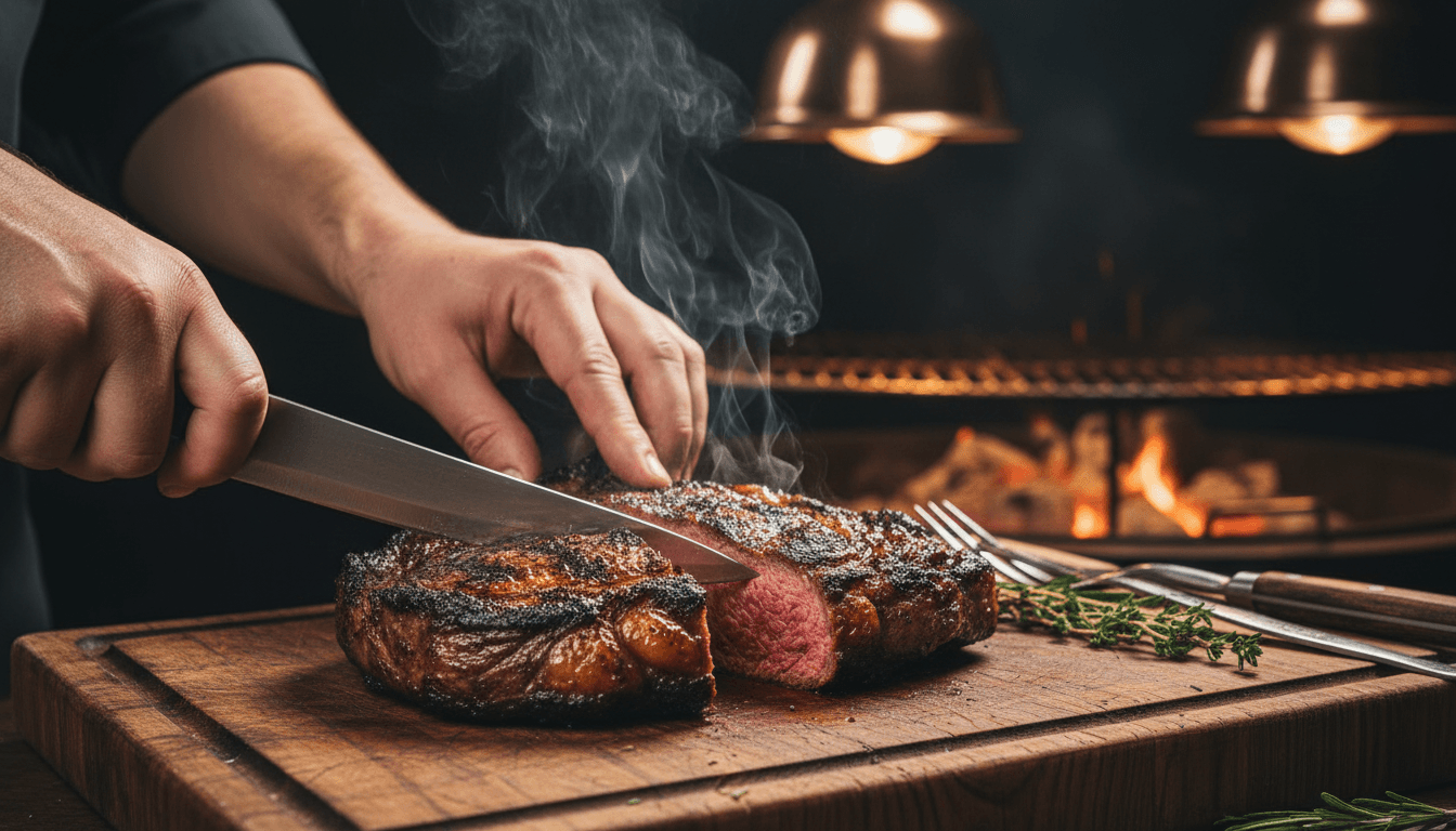 Grilled steak being sliced on a wooden board