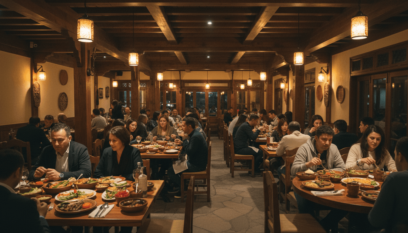 Cozy restaurant interior with warm lighting and wooden tables